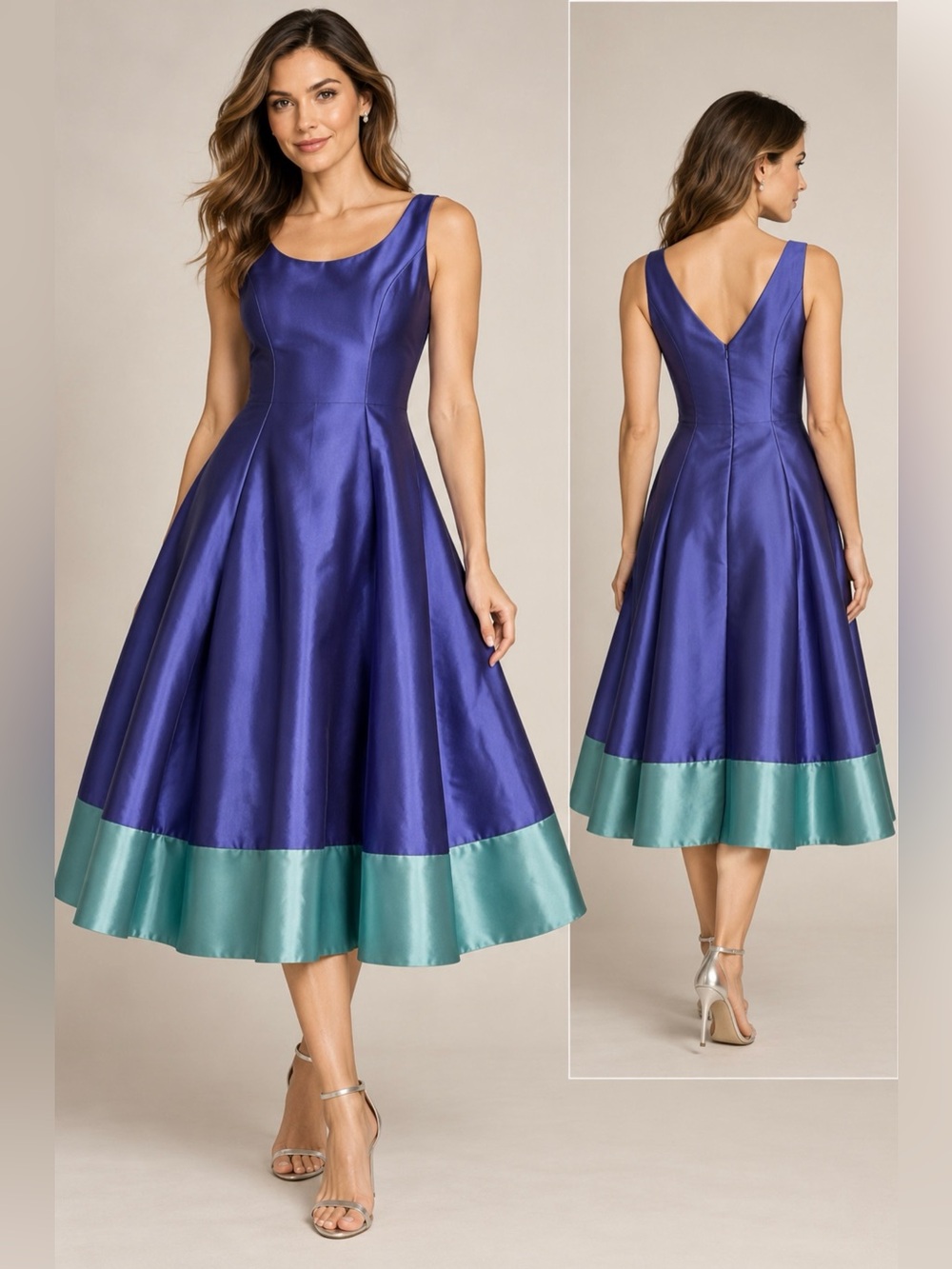 Adrianna Papell Size 2 Purple Teal Satin Fit & Flare Midi Dress